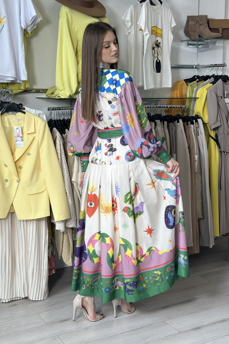 Rochie de vara midi albastra cu imprimeu colorat [4]