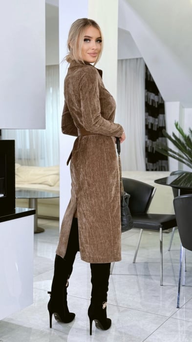 Rochie din catifea maro cu fermoar la gat si curea de piele [4]