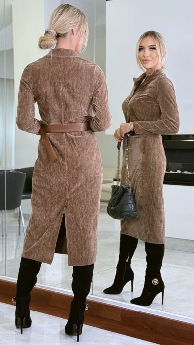 Rochie din catifea maro cu fermoar la gat si curea de piele [5]