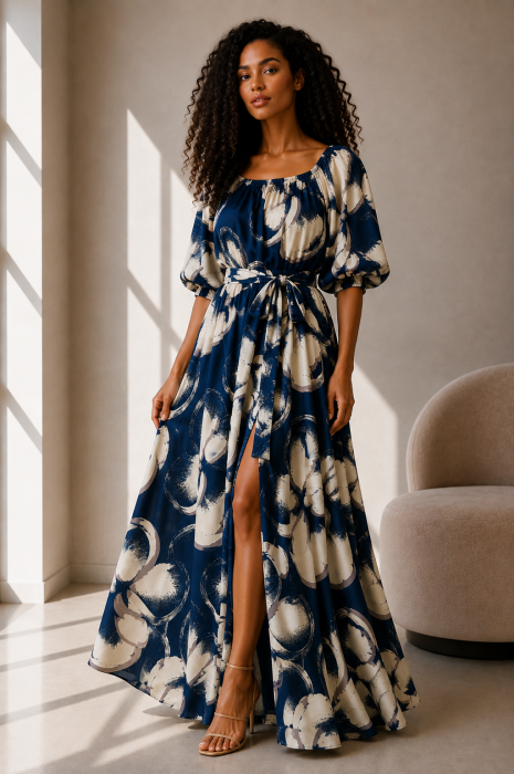 Rochie din satin albastru cu imprimeu floral bej si maneci bufante [2]