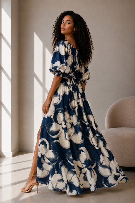 Rochie din satin albastru cu imprimeu floral bej si maneci bufante [3]