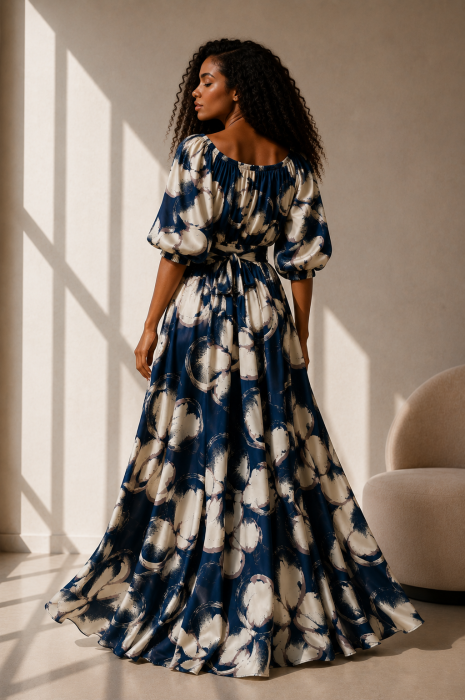 Rochie din satin albastru cu imprimeu floral bej si maneci bufante [4]