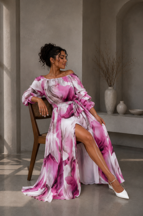 Rochie din satin bej cu imprimeu floral fuxia si maneci bufante [4]