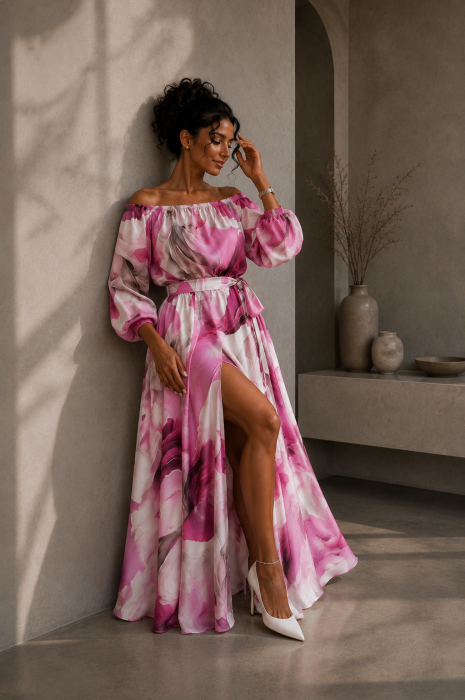Rochie din satin bej cu imprimeu floral fuxia si maneci bufante [3]