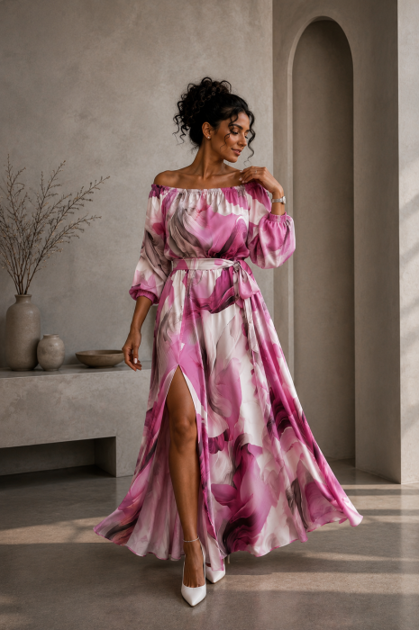 Rochie din satin bej cu imprimeu floral fuxia si maneci bufante [2]