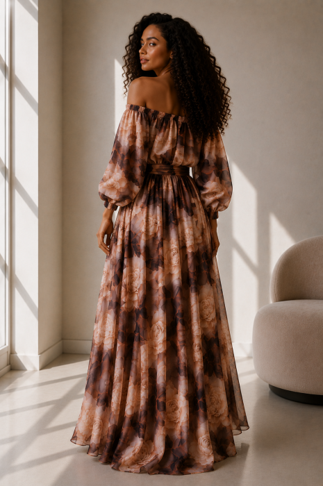 Rochie din satin bej cu imprimeu floral maro si maneci bufante [4]