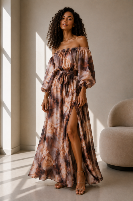Rochie din satin bej cu imprimeu floral maro si maneci bufante [3]