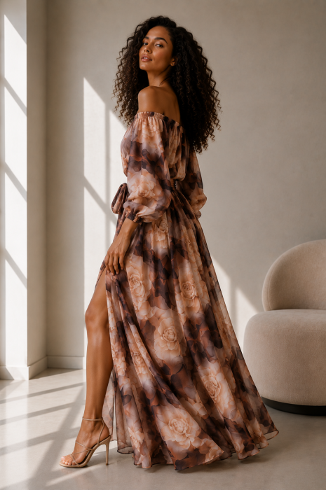 Rochie din satin bej cu imprimeu floral maro si maneci bufante [2]