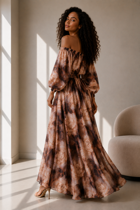 Rochie din satin bej cu imprimeu floral maro si maneci bufante [5]