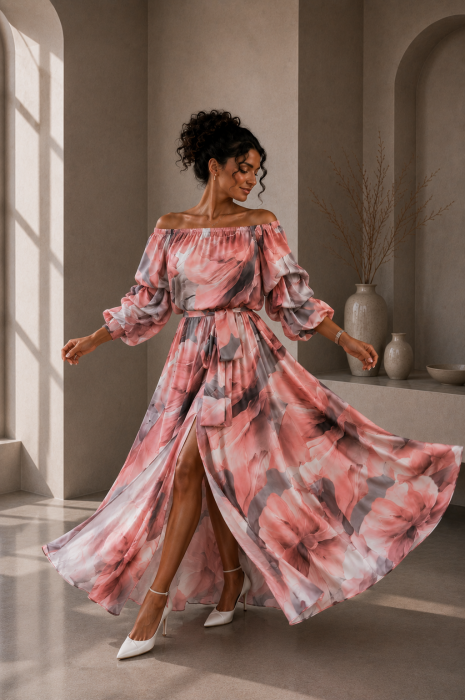 Rochie din satin bej cu imprimeu floral portocaliu si maneci bufante [3]