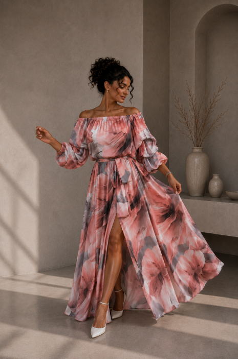 Rochie din satin bej cu imprimeu floral portocaliu si maneci bufante [2]