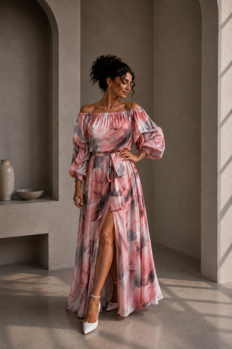Rochie din satin bej cu imprimeu floral portocaliu si maneci bufante [4]