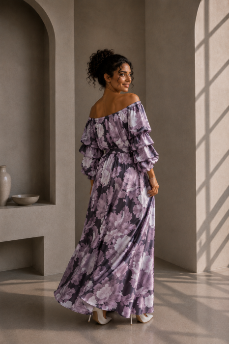 Rochie din satin neagra cu imprimeu floral roz si maneci bufante [4]
