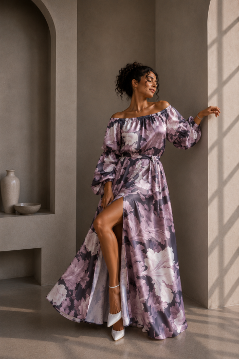 Rochie din satin neagra cu imprimeu floral roz si maneci bufante [2]