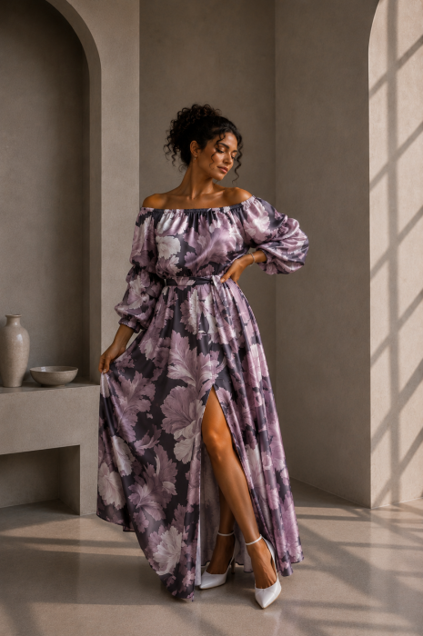 Rochie din satin neagra cu imprimeu floral roz si maneci bufante [3]