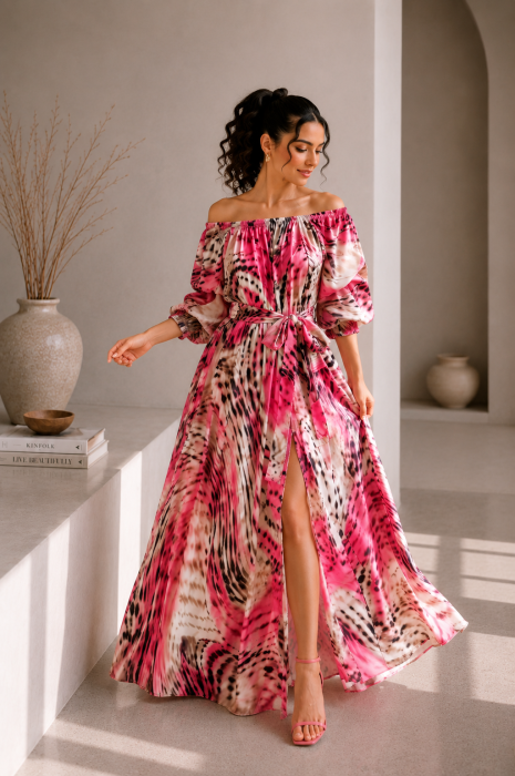 Rochie din satin roz fuxia cu negru si imprimeu cu maneci bufante [2]