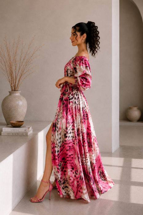 Rochie din satin roz fuxia cu negru si imprimeu cu maneci bufante [3]