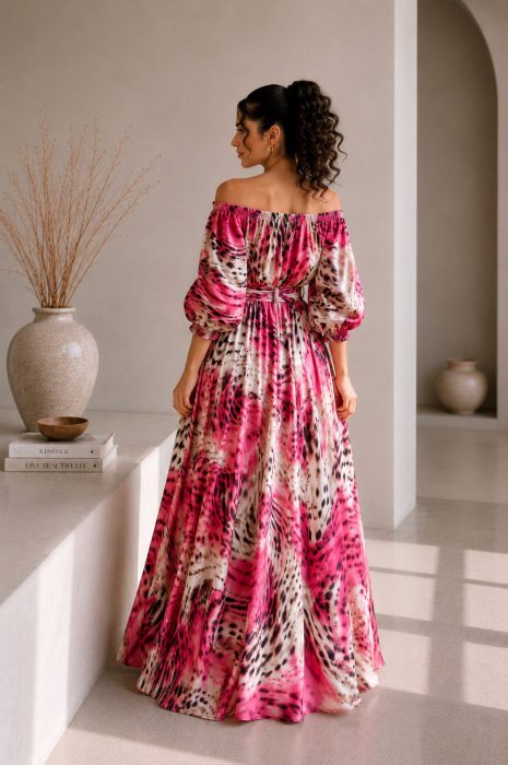 Rochie din satin roz fuxia cu negru si imprimeu cu maneci bufante [4]