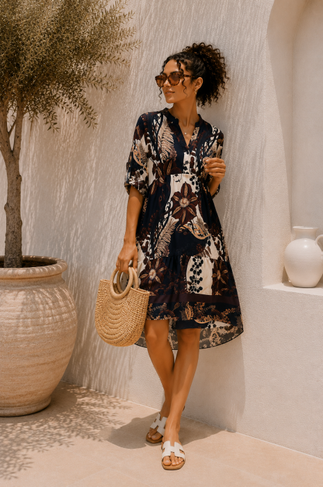 Rochie din vascoza bej cu imprimeu floral maro [2]