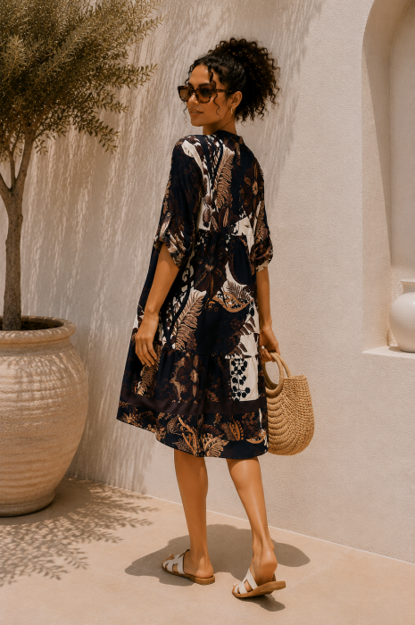 Rochie din vascoza bej cu imprimeu floral maro [4]