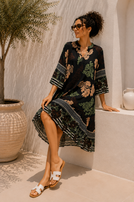 Rochie din vascoza neagra cu imprimeu floral bej si verde [2]