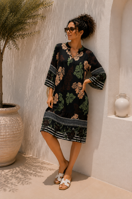 Rochie din vascoza neagra cu imprimeu floral bej si verde [4]
