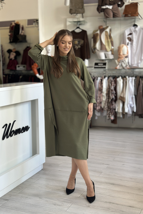 Rochie kaki casual cu guler ridicat [2]