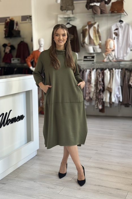 Rochie kaki casual cu guler ridicat