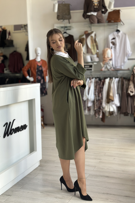 Rochie kaki casual cu guler rotund [4]