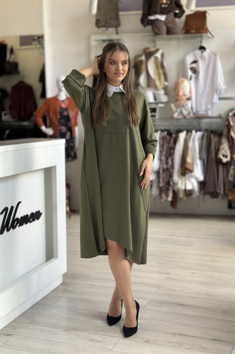 Rochie kaki casual cu guler rotund [2]