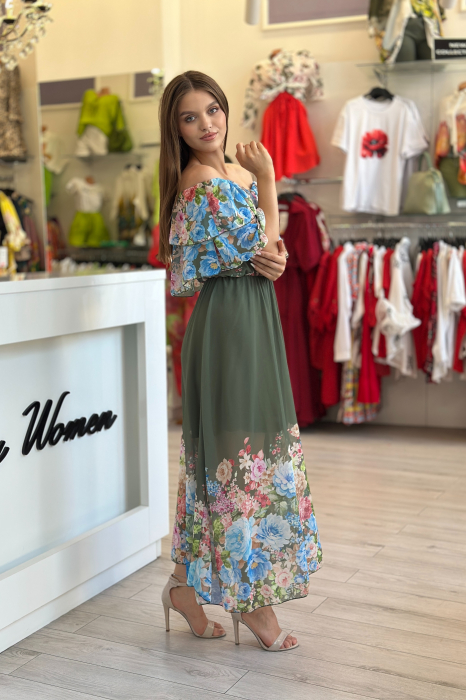 Rochie kaki din voal cu imprimeu flori multicolore [3]