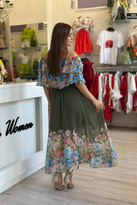 Rochie kaki din voal cu imprimeu flori multicolore [4]