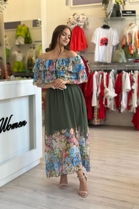 Rochie kaki din voal cu imprimeu flori multicolore