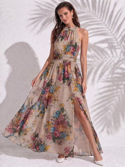 Rochie lunga bej cu imprimeu floral [4]