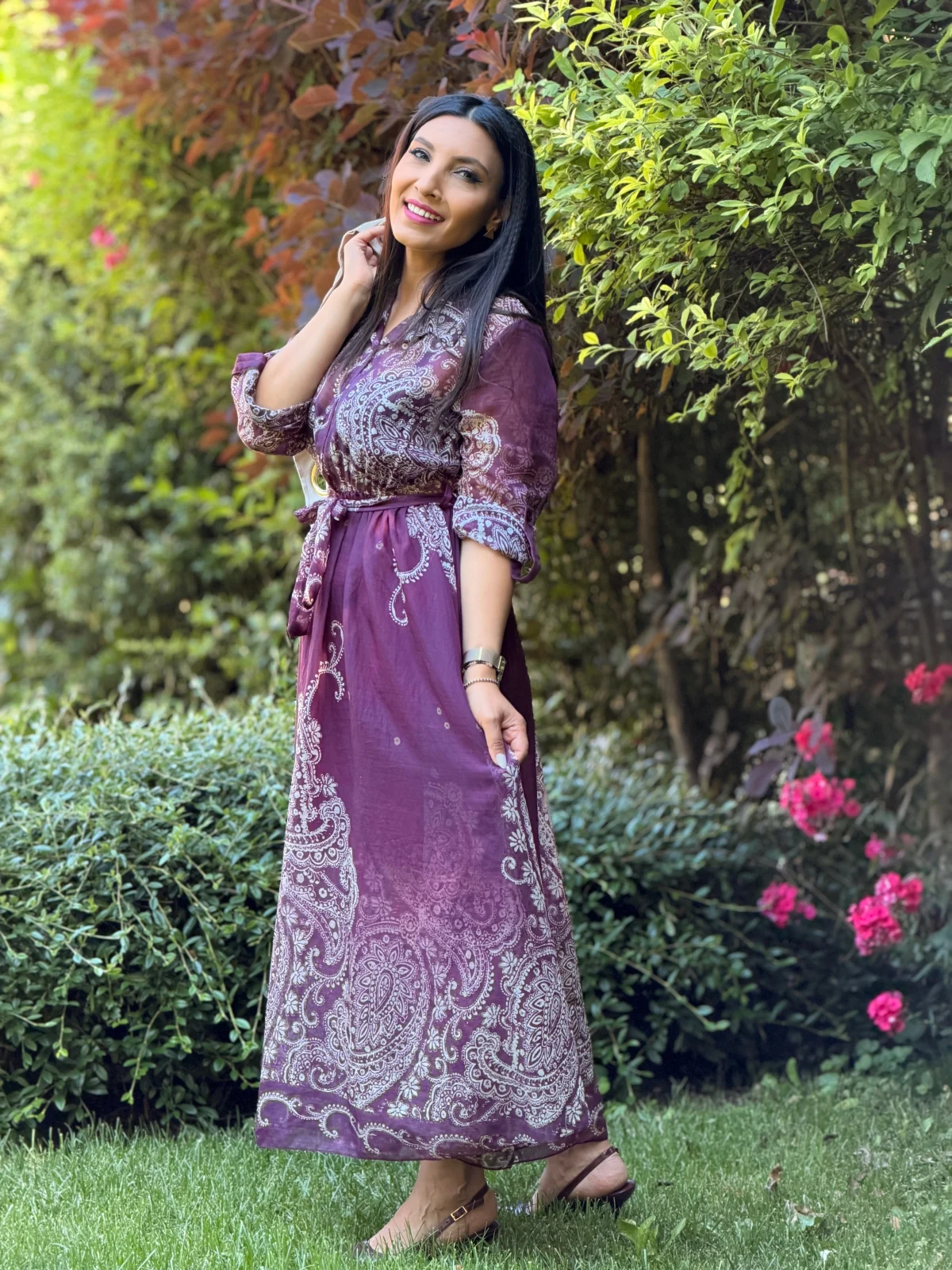 Rochie lunga bordo cu imprimeu baroc [3]