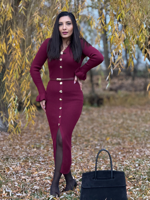Rochie lunga bordo tricotata cu nasturi decorativi [3]