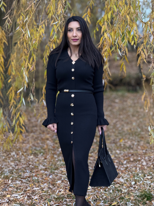 Rochie lunga neagra tricotata cu nasturi decorativi [7]