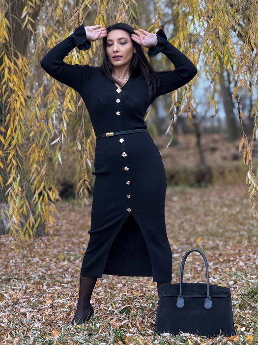 Rochie lunga neagra tricotata cu nasturi decorativi [3]