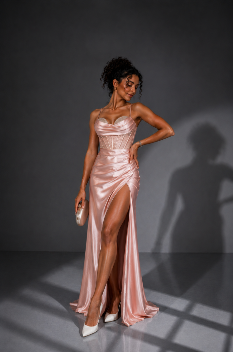 Rochie lunga roz pudra cu corset si slit [4]