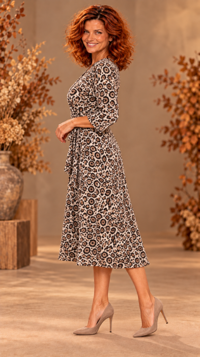 Rochie maro animal print midi cu cordon petrecut in talie [3]