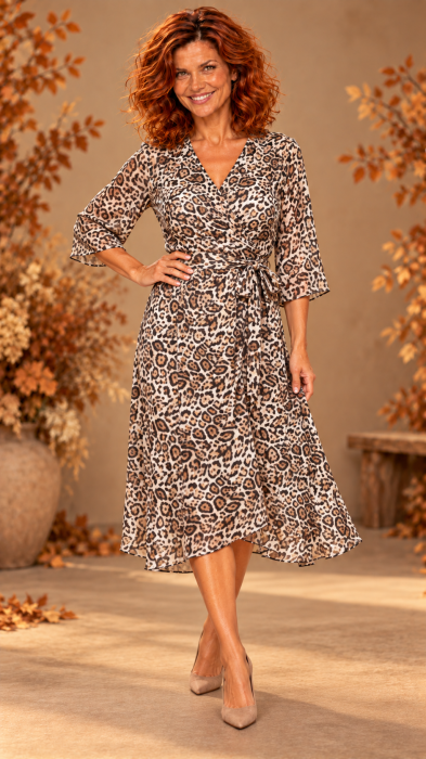 Rochie maro animal print midi cu cordon petrecut in talie [2]