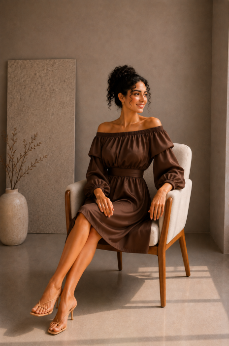 Rochie maro din satin cu maneci bufante [2]