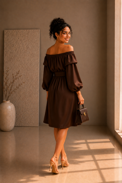 Rochie maro din satin cu maneci bufante [3]