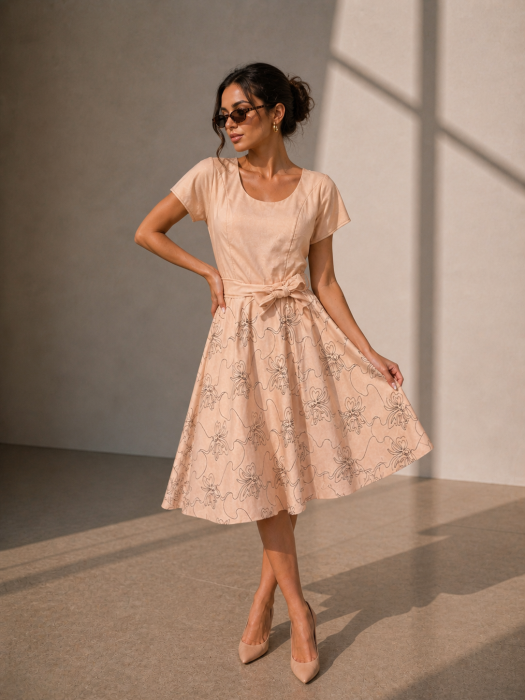 Rochie midi bej cu broderie florala neagra [4]