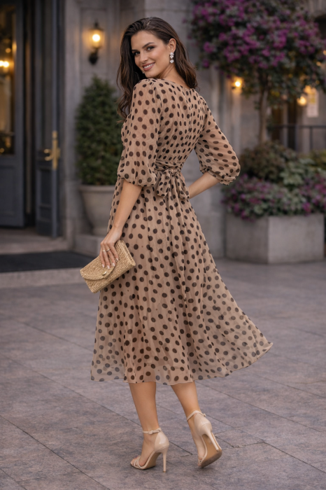 Rochie midi bej cu bulinute negre [3]