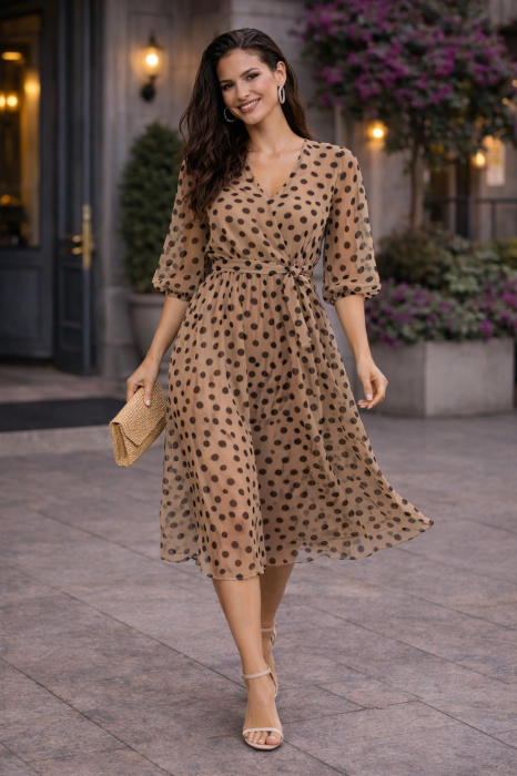 Rochie midi bej cu bulinute negre [2]