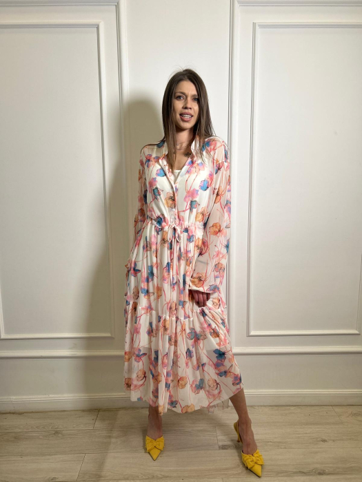 Rochie midi bej cu imprimeu flori bleo [5]