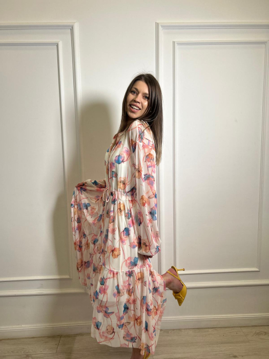 Rochie midi bej cu imprimeu flori bleo [3]