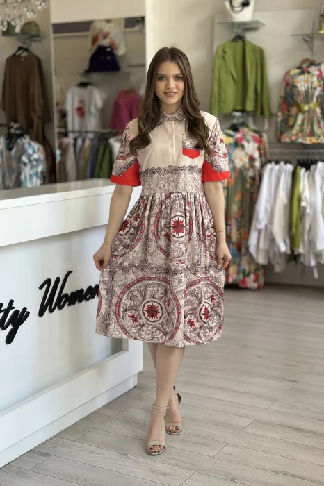 Rochie midi bej cu imprimeu vintage rosu [5]