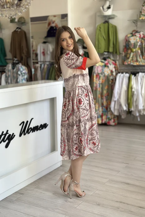 Rochie midi bej cu imprimeu vintage rosu [4]